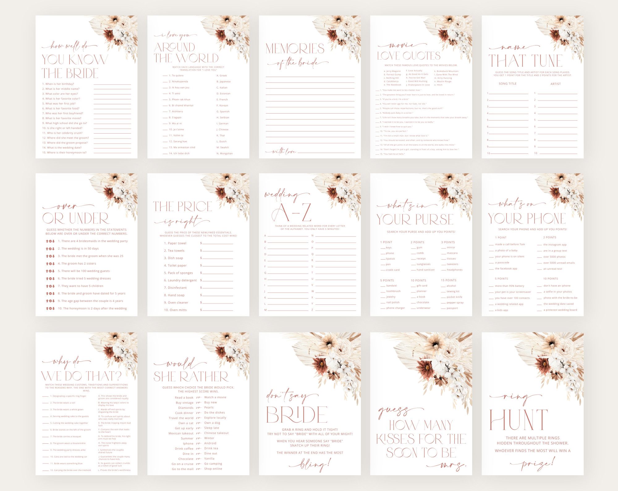 Pampas Grass Terracotta Bridal Shower Games Bundle, Set of 30 Games, Printable File, Edit Yourself, SH13 Pampas Grass Terracotta Bridal Shower Games Bundle, Set of 30 Games, Printable File, Edit Yourself, SH13