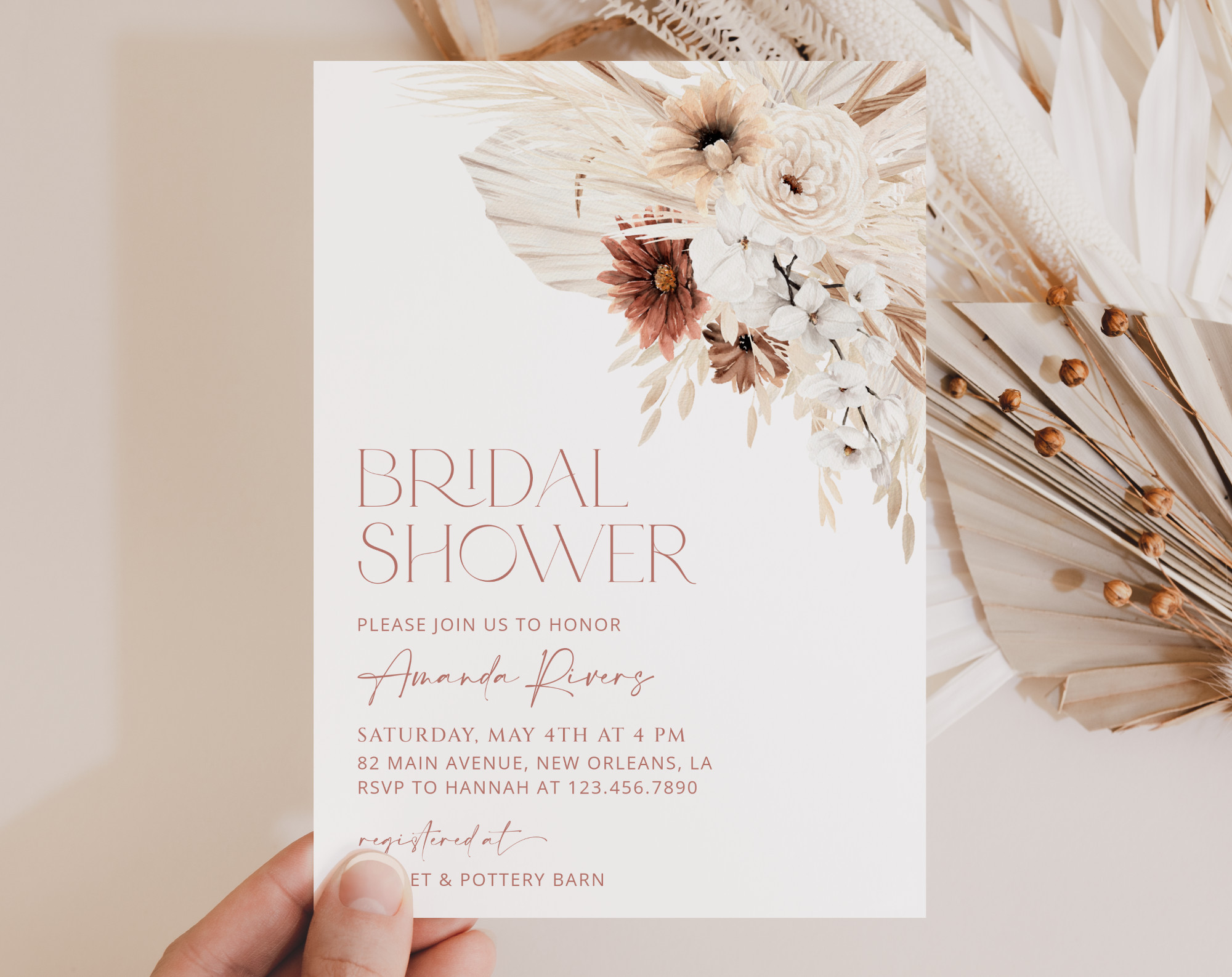 Pampas Grass Terracotta Bridal Shower Invitation, Bridal Stationery, Printable File, Edit Yourself, SH13