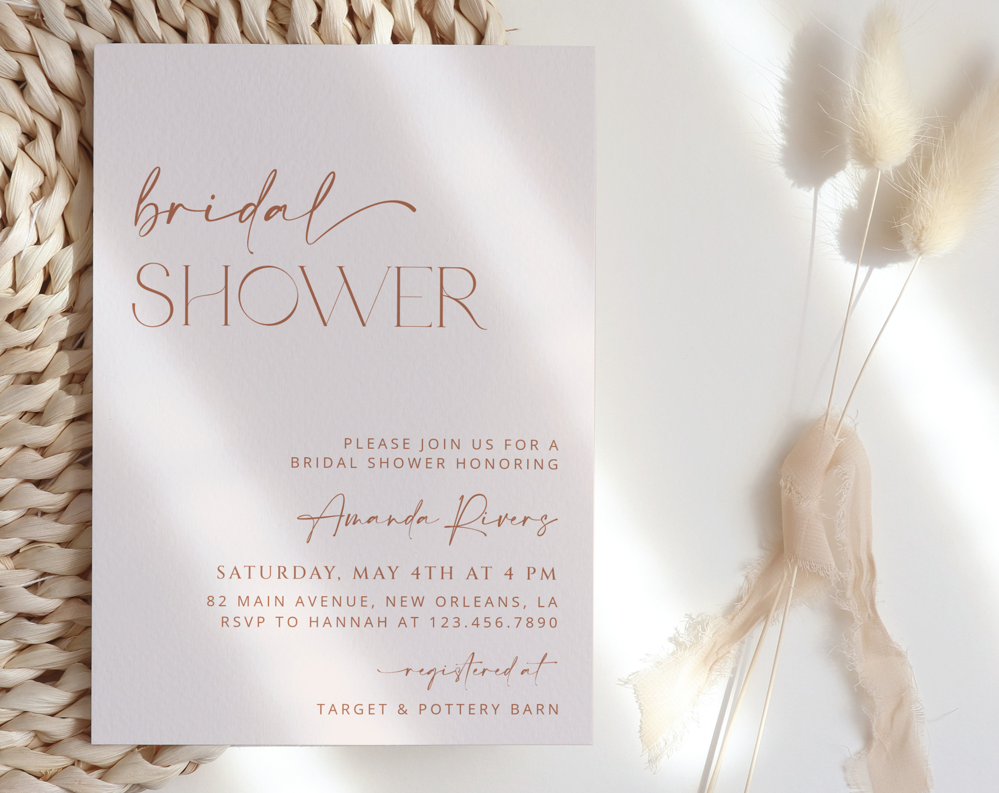 Minimal Boho Bridal Shower Invitation, Bridal Stationery, Printable File, Edit Yourself, SH21
