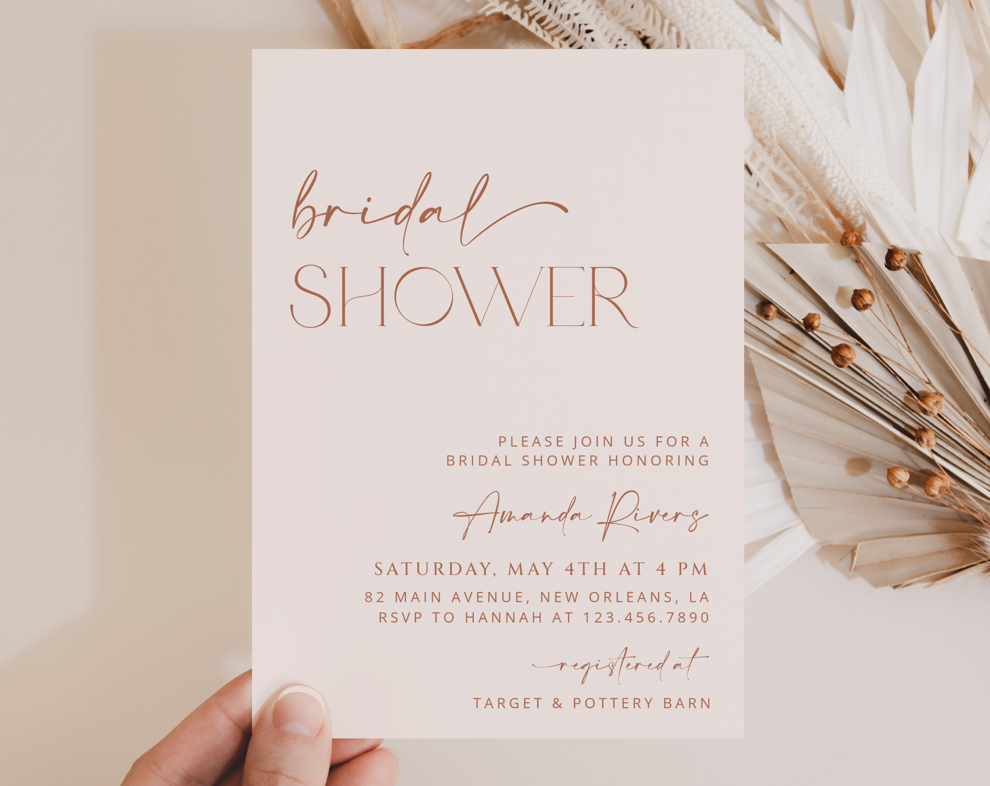 Minimal Boho Bridal Shower Invitation, Bridal Stationery, Printable File, Edit Yourself, SH21