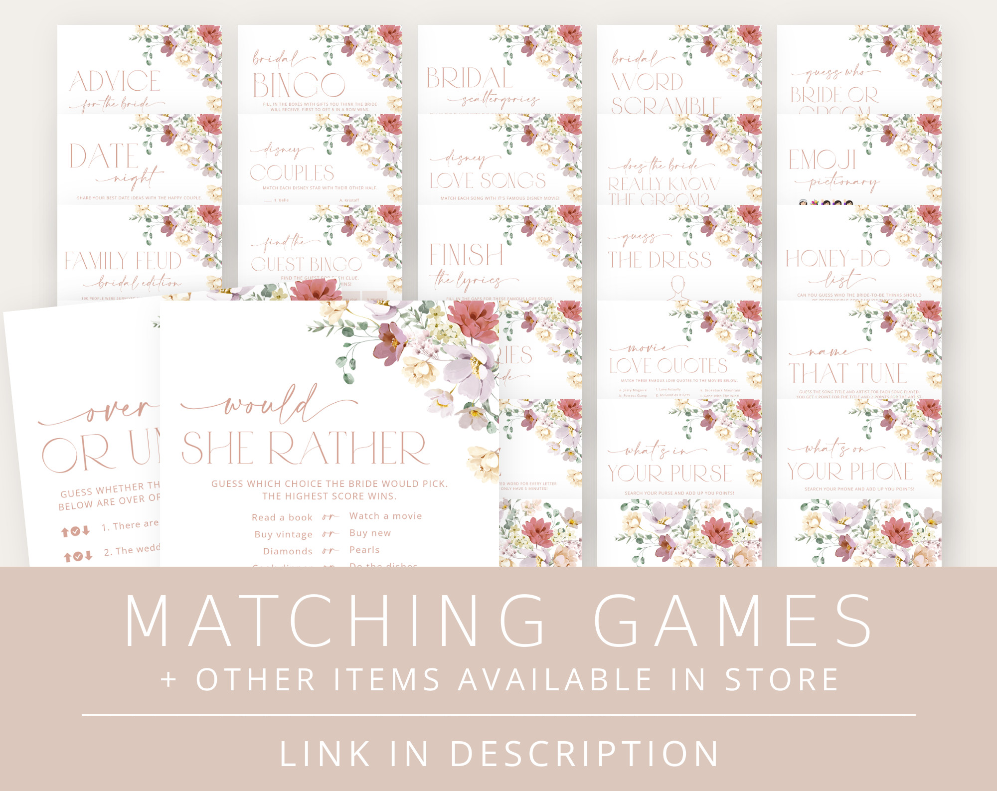 Colorful Flowers Bridal Shower Games Bundle, Set of 30 Games, Printable File, Edit Yourself, SH40