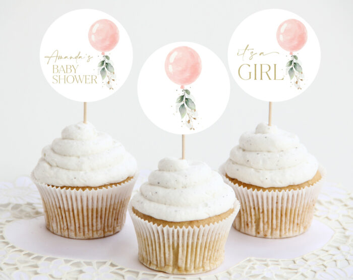 Pink Balloon Cupcake Toppers - Baby Shower Decoration