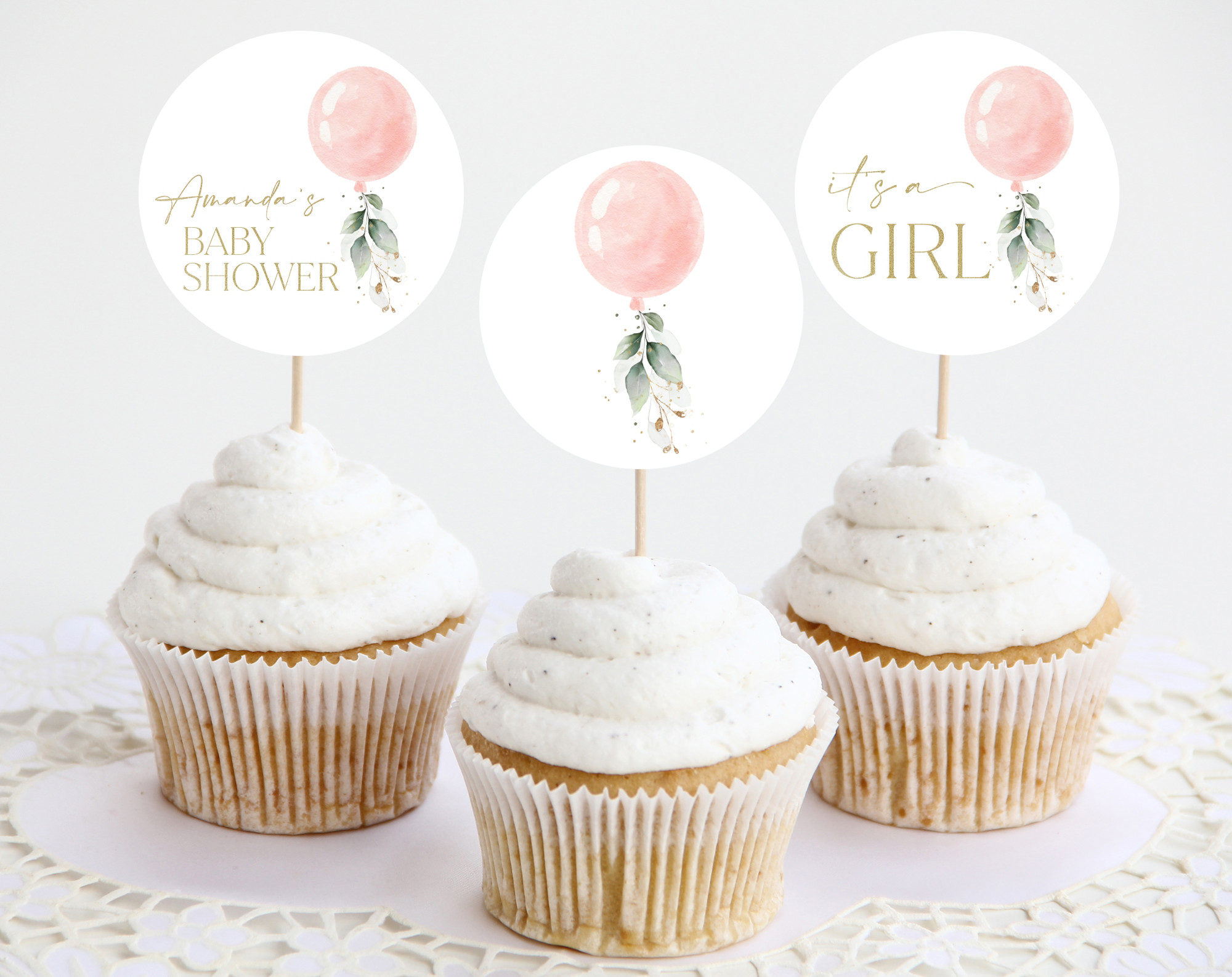 Pink Balloon Cupcake Toppers, Baby Shower Decoration, Girl Baby Shower,  Printable File, Edit Yourself, SH14