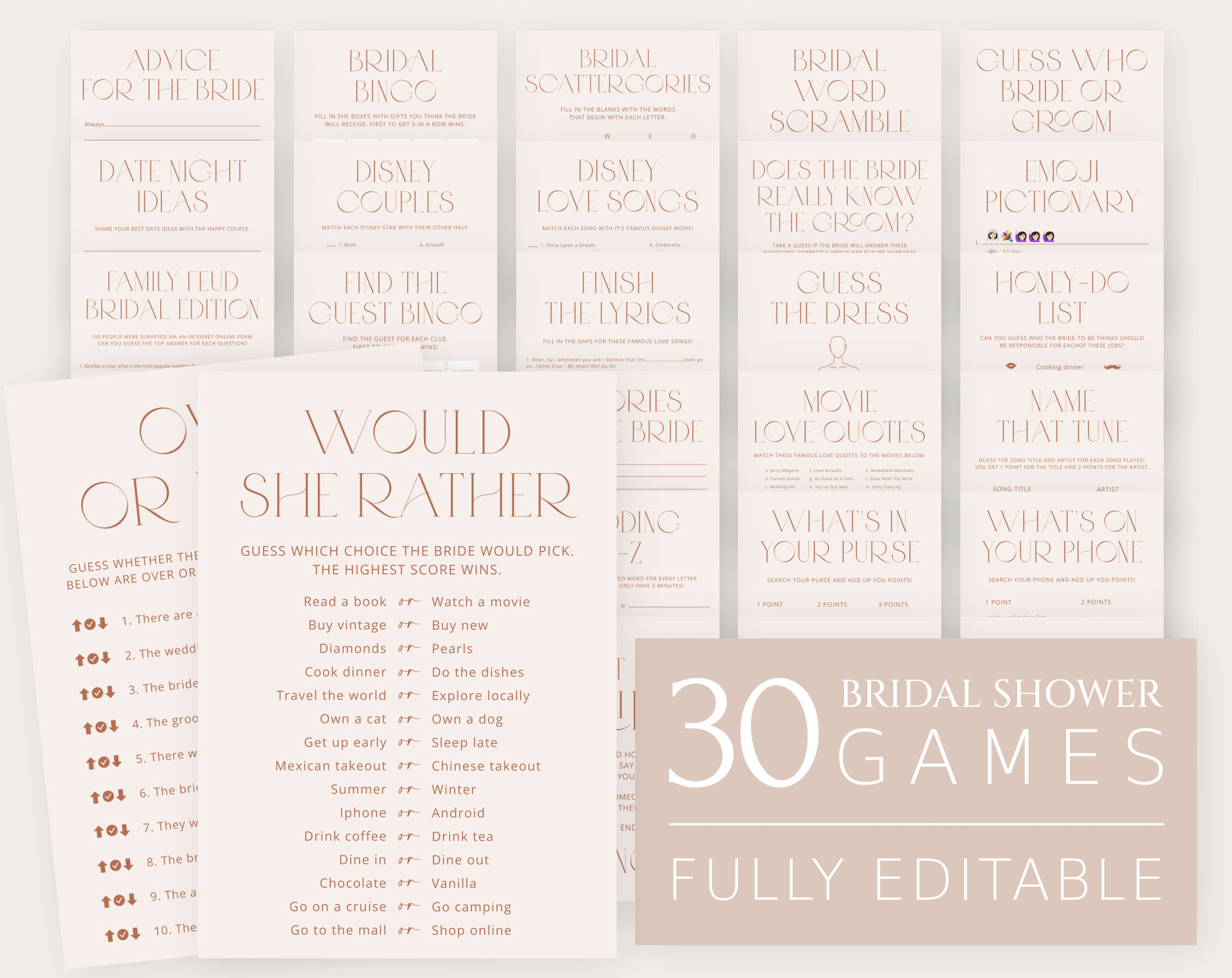 Minimal Boho Bridal Shower Games Bundle, Set of 30 Games, Printable File, Edit Yourself, SH21