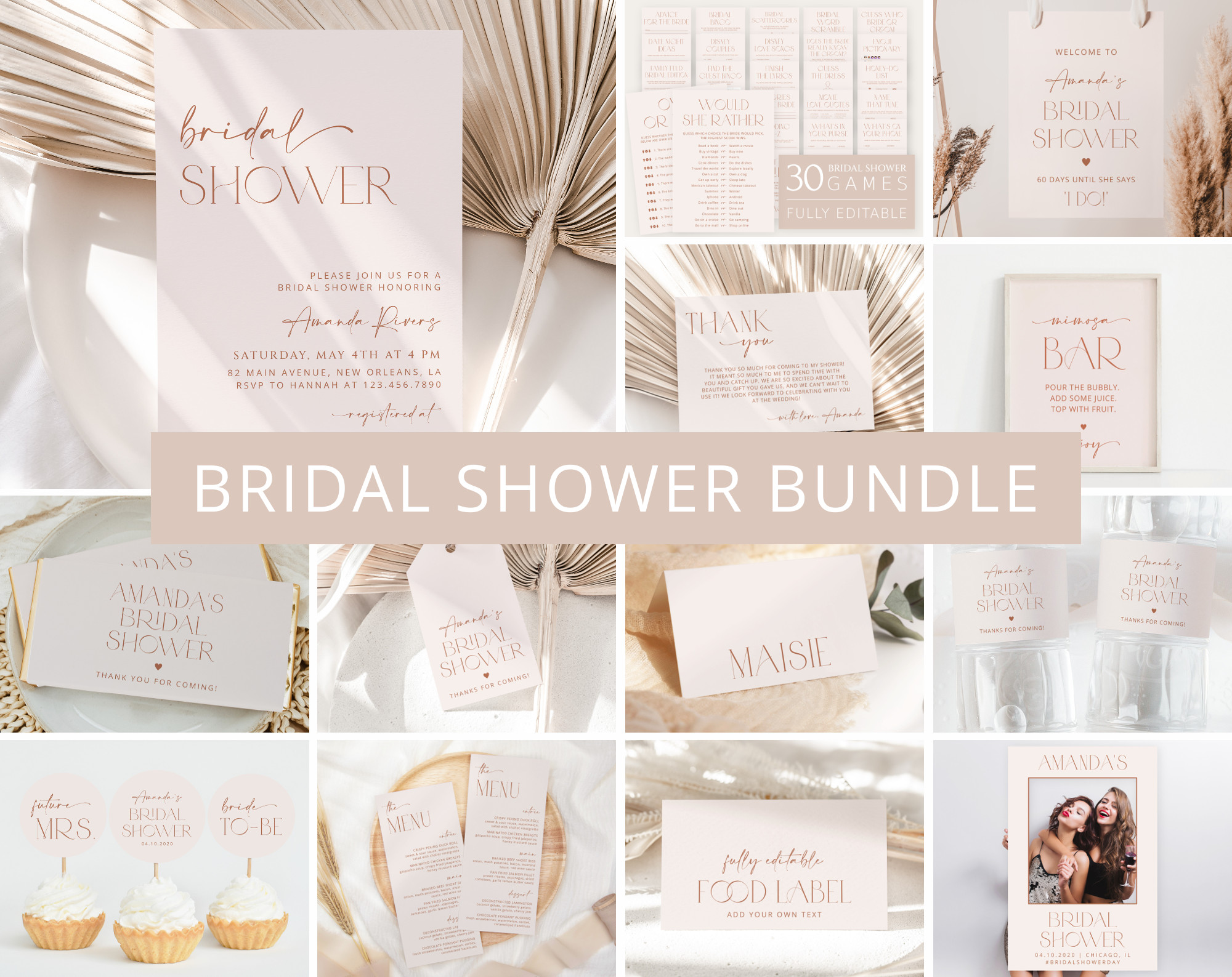 Minimal Boho Bridal Shower Bundle, Printable File, Edit Yourself, SH21