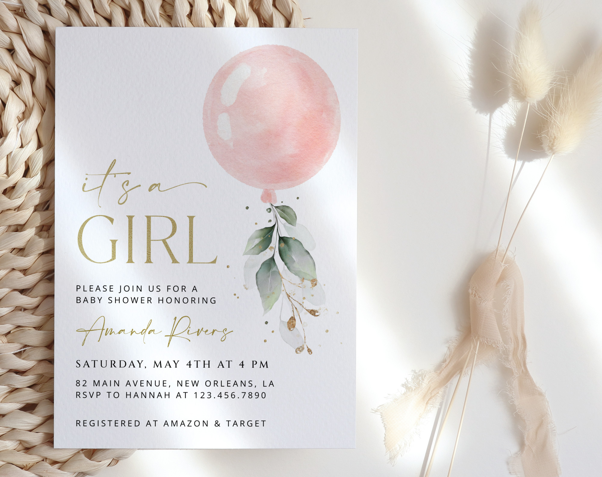 Pink Balloon Baby Shower Invitation, Girl Baby Shower, Printable File, Edit Yourself, SH14