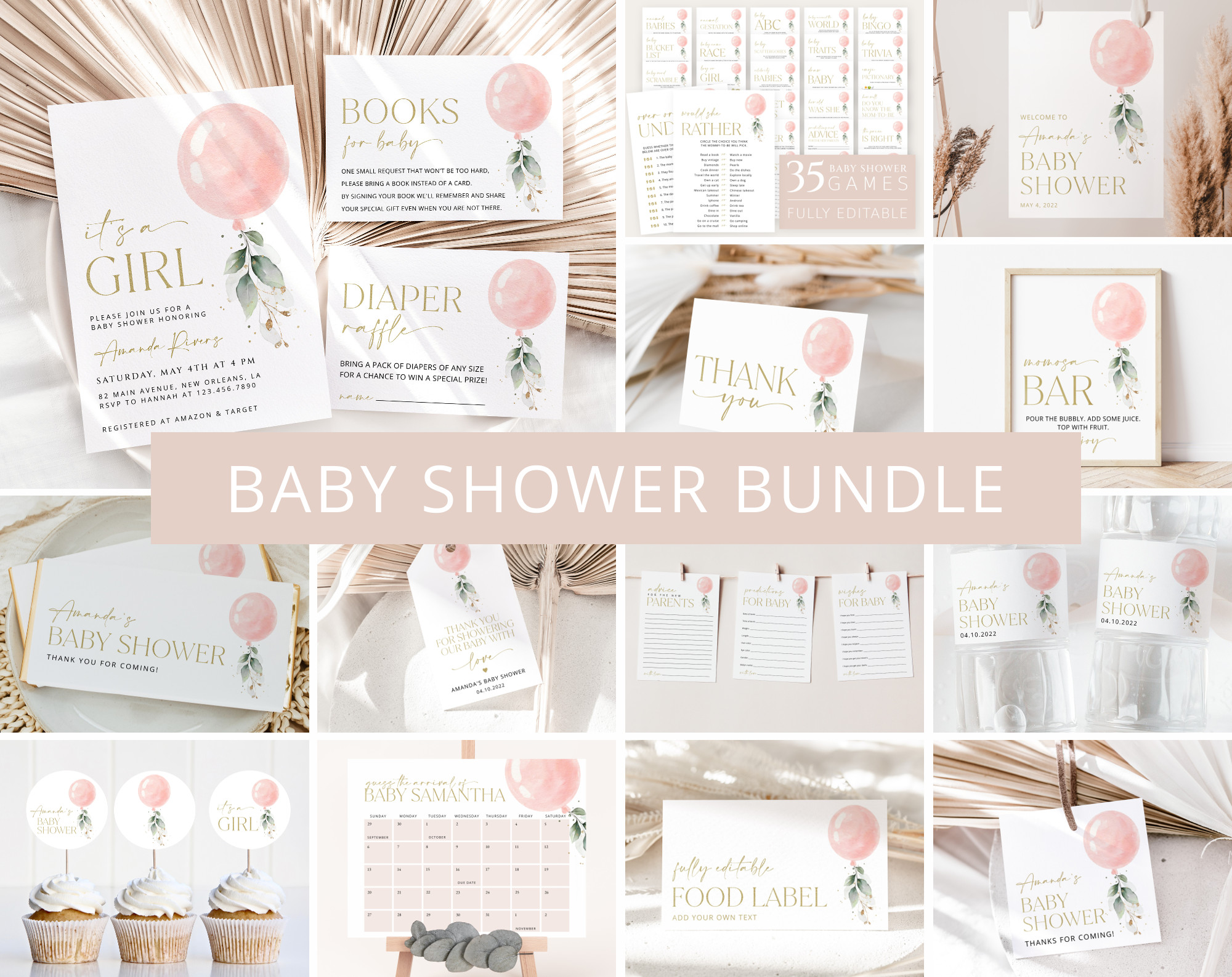 Pink Balloon Baby Shower Bundle, Girl Baby Shower, Printable File, Edit Yourself, SH14 Pink Balloon Baby Shower Bundle, Girl Baby Shower, Printable File, Edit Yourself, SH14