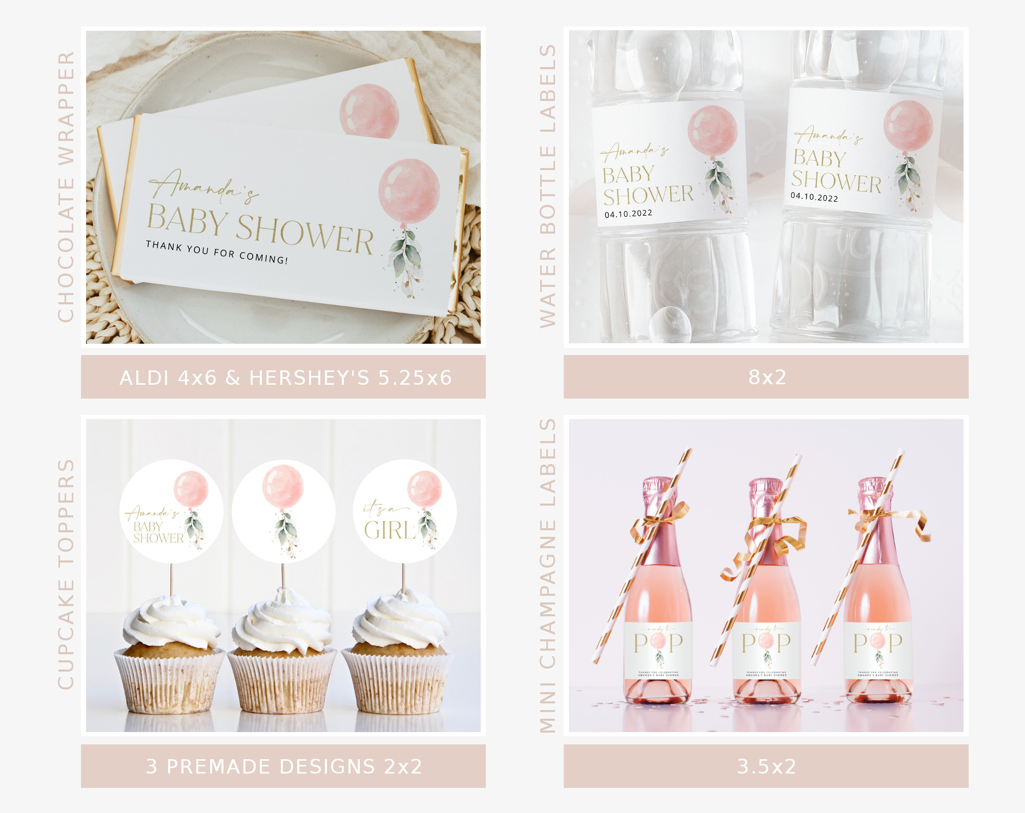 Pink Balloon Baby Shower Bundle, Girl Baby Shower, Printable File, Edit Yourself, SH14