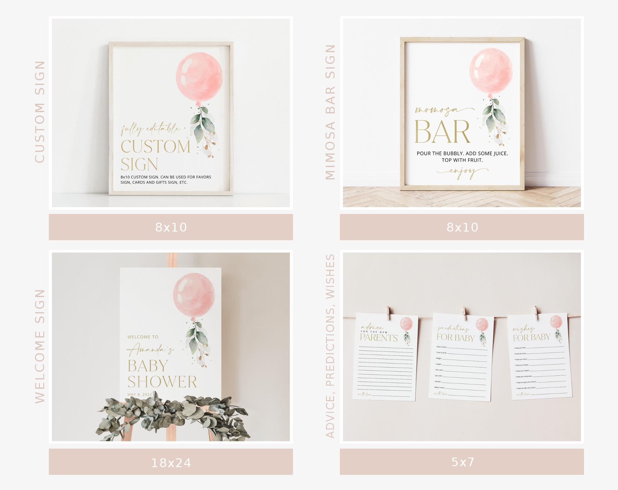 Pink Balloon Baby Shower Bundle, Girl Baby Shower, Printable File, Edit Yourself, SH14