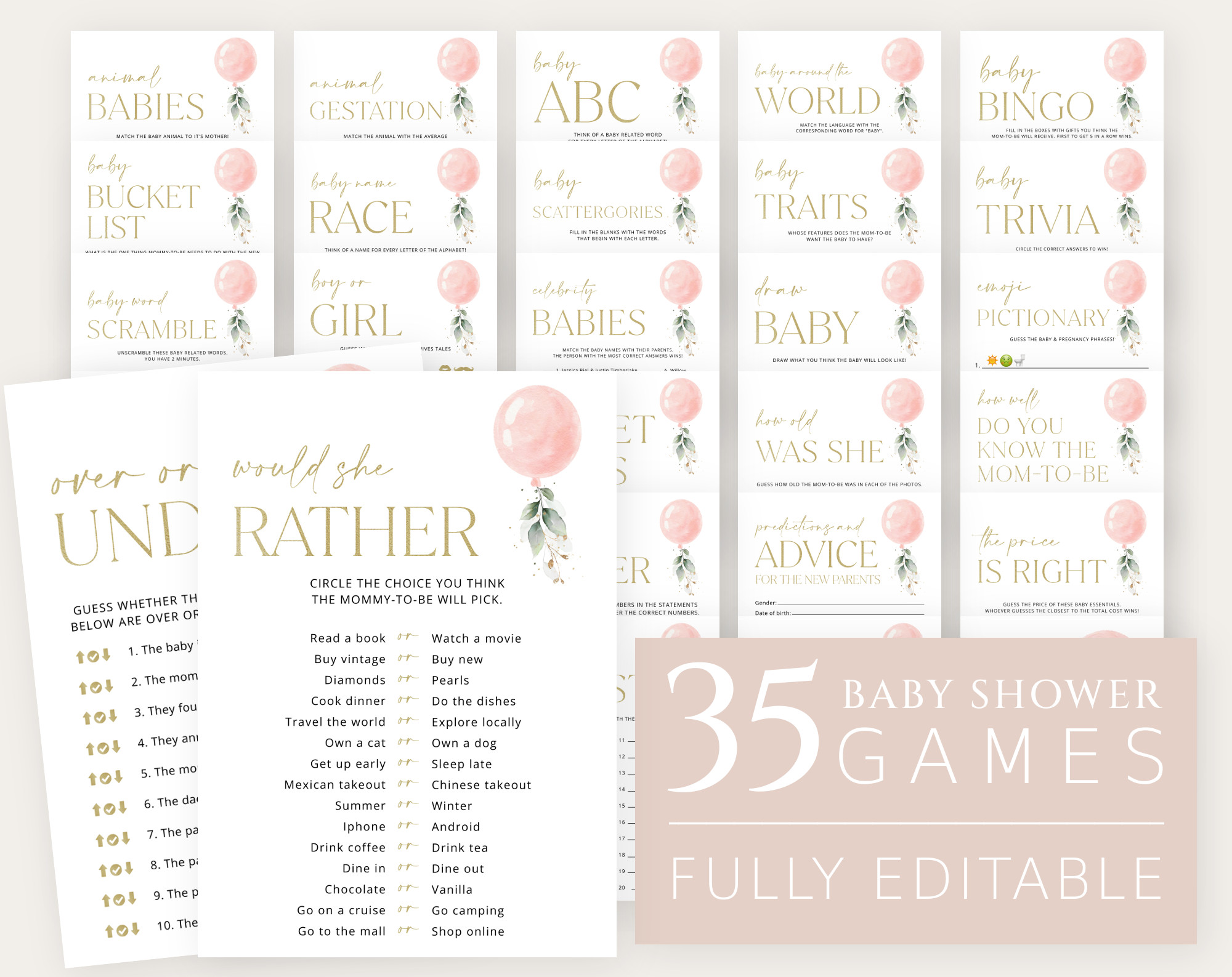 Pink Balloon Baby Shower Games Bundle, Set of 35 Games, Girl Baby Shower, Printable File, Edit Yourself, SH14 Pink Balloon Baby Shower Games Bundle, Set of 35 Games, Girl Baby Shower, Printable File, Edit Yourself, SH14