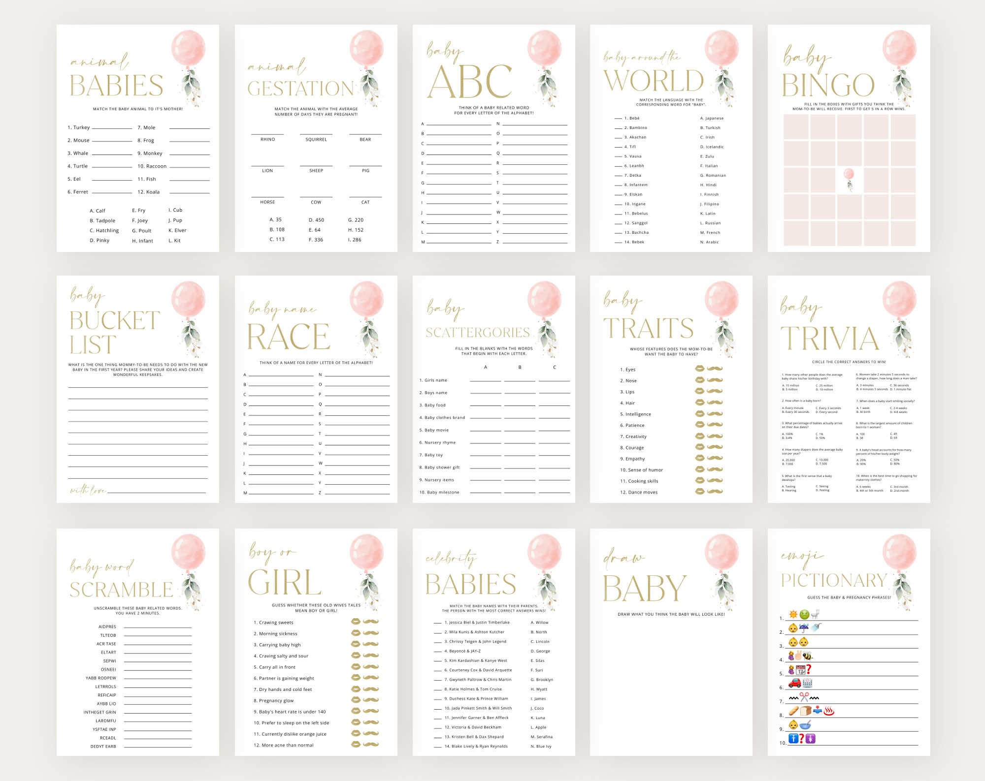 Pink Balloon Baby Shower Games Bundle, Set of 35 Games, Girl Baby Shower, Printable File, Edit Yourself, SH14