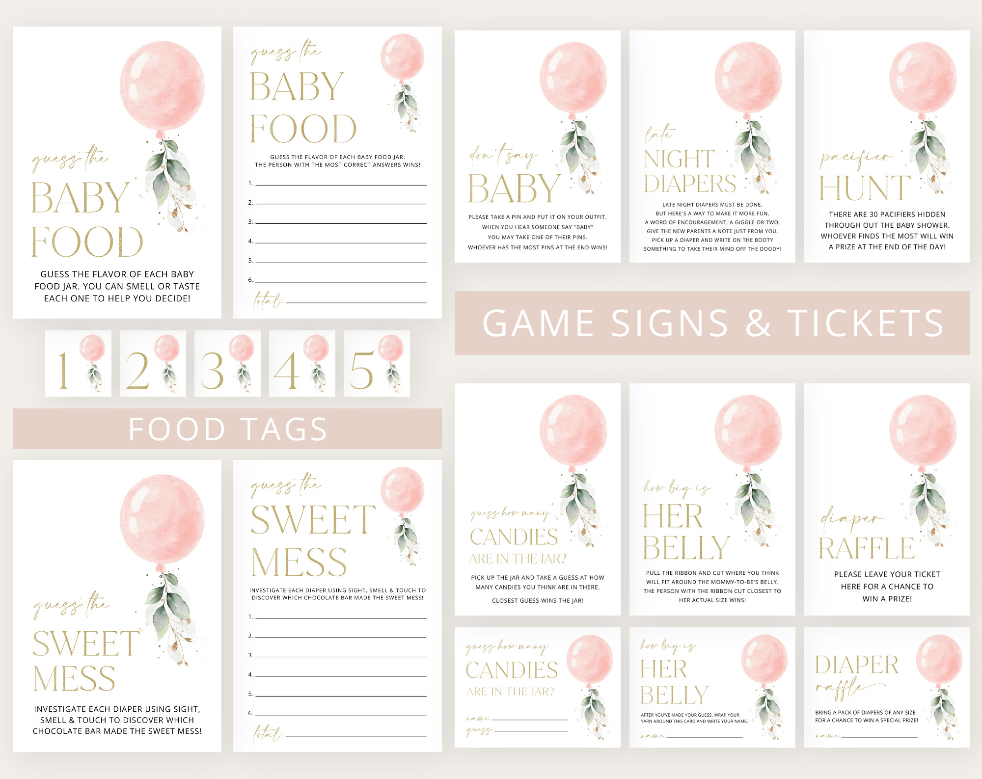 Pink Balloon Baby Shower Games Bundle, Set of 35 Games, Girl Baby Shower, Printable File, Edit Yourself, SH14