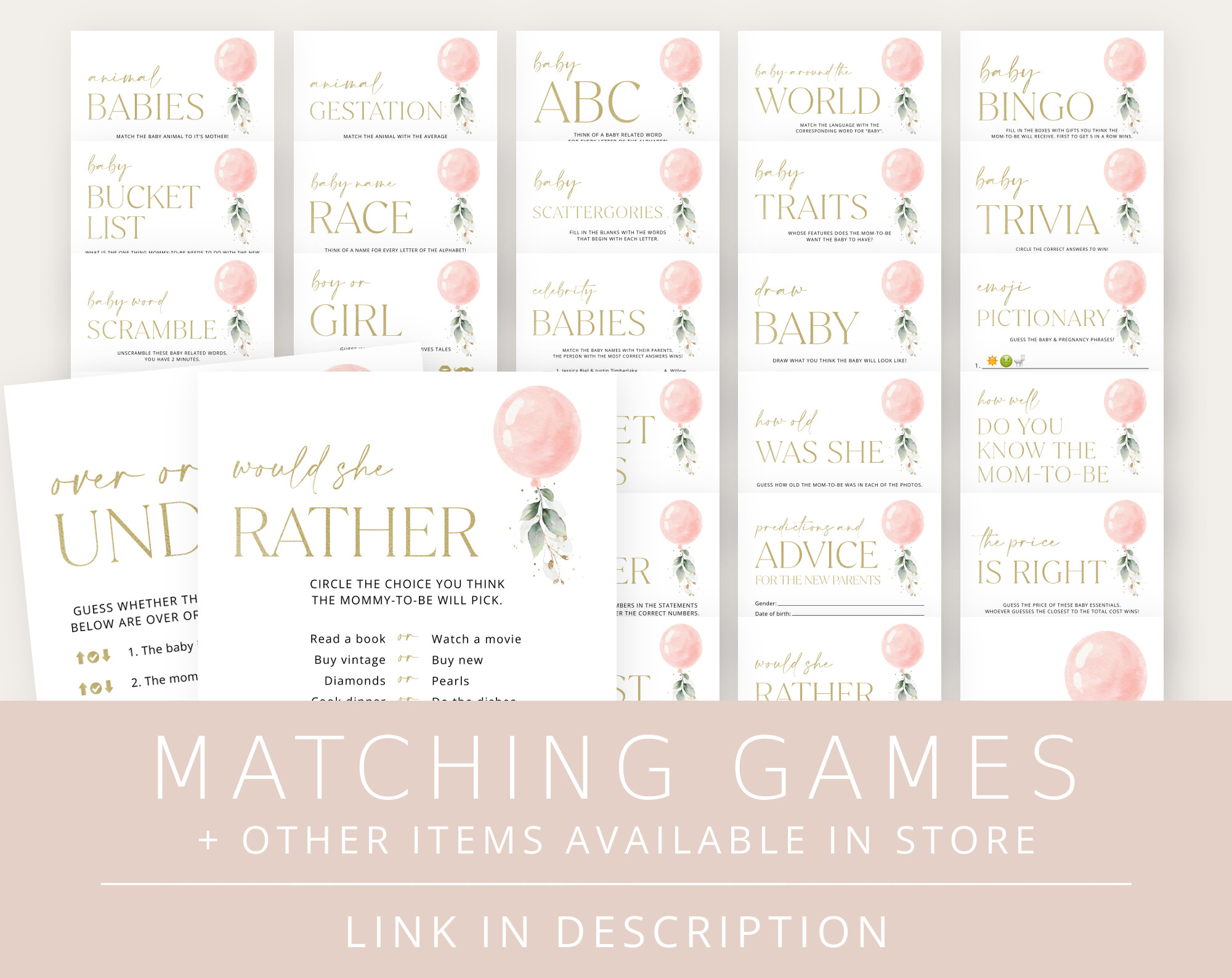 Pink Balloon Baby Shower Games Bundle, Set of 35 Games, Girl Baby Shower, Printable File, Edit Yourself, SH14 Pink Balloon Baby Shower Games Bundle, Set of 35 Games, Girl Baby Shower, Printable File, Edit Yourself, SH14