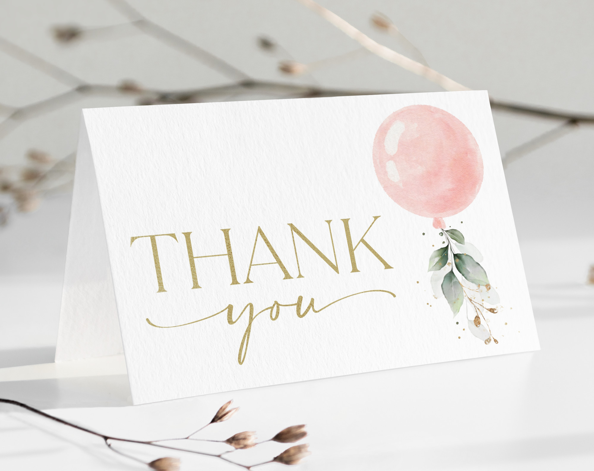 Pink Balloon Thank You Card, Girl Baby Shower, Printable File, Edit Yourself, SH14