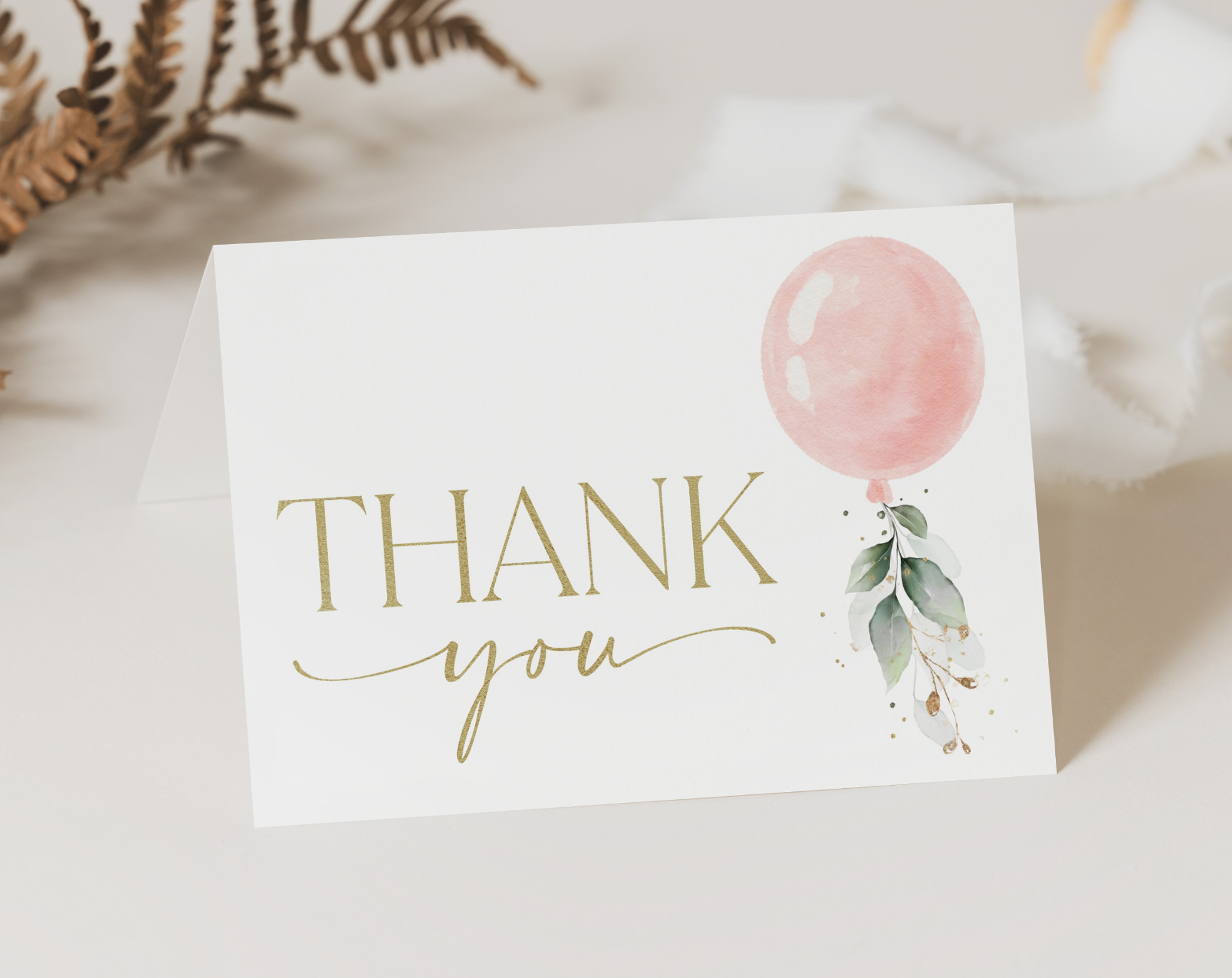 Pink Balloon Thank You Card, Girl Baby Shower, Printable File, Edit Yourself, SH14