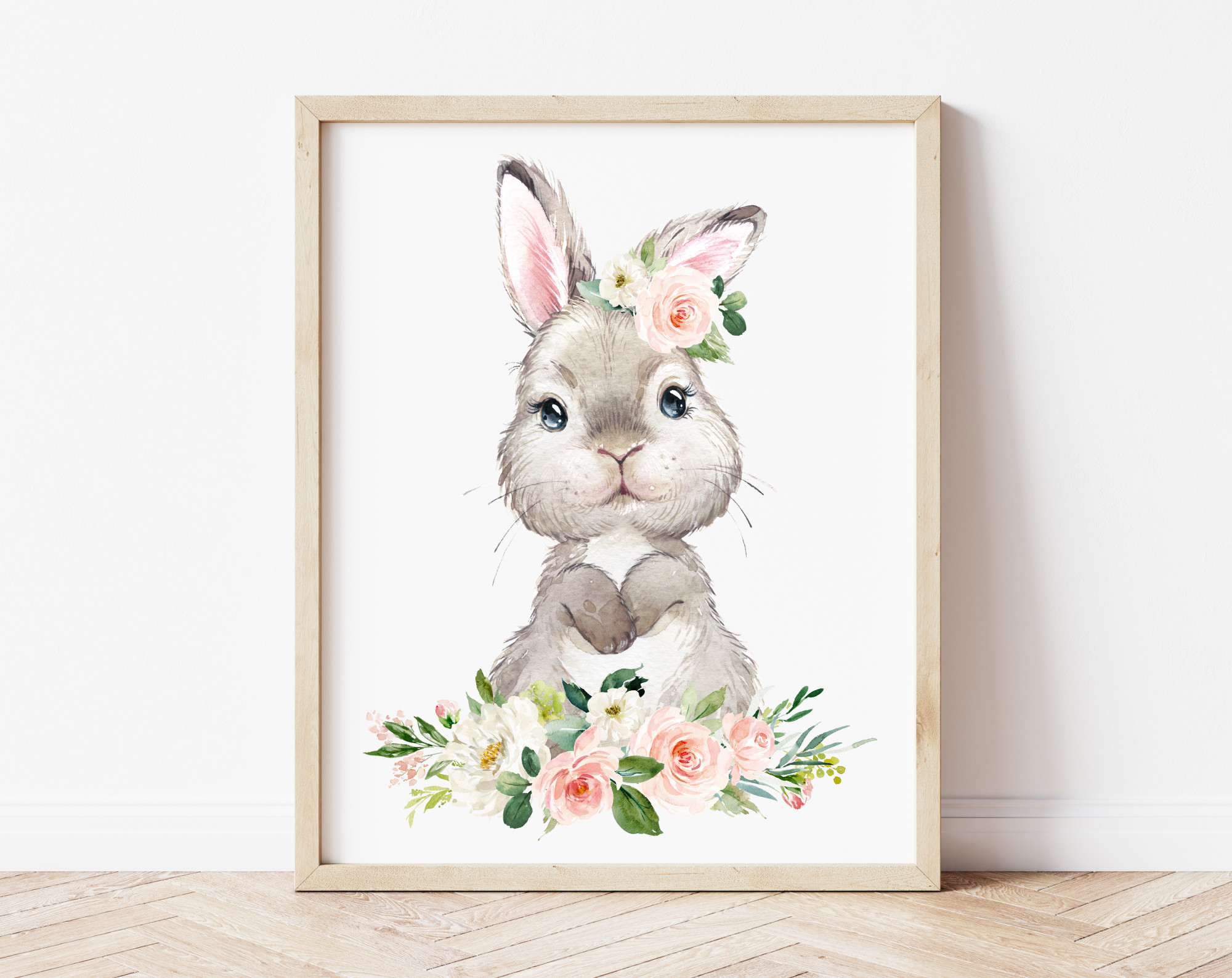 Little Bunny Pink Flowers Nursery Prints, Nursery Wall Art, Girl Nursery Decor, Printable File, SH05