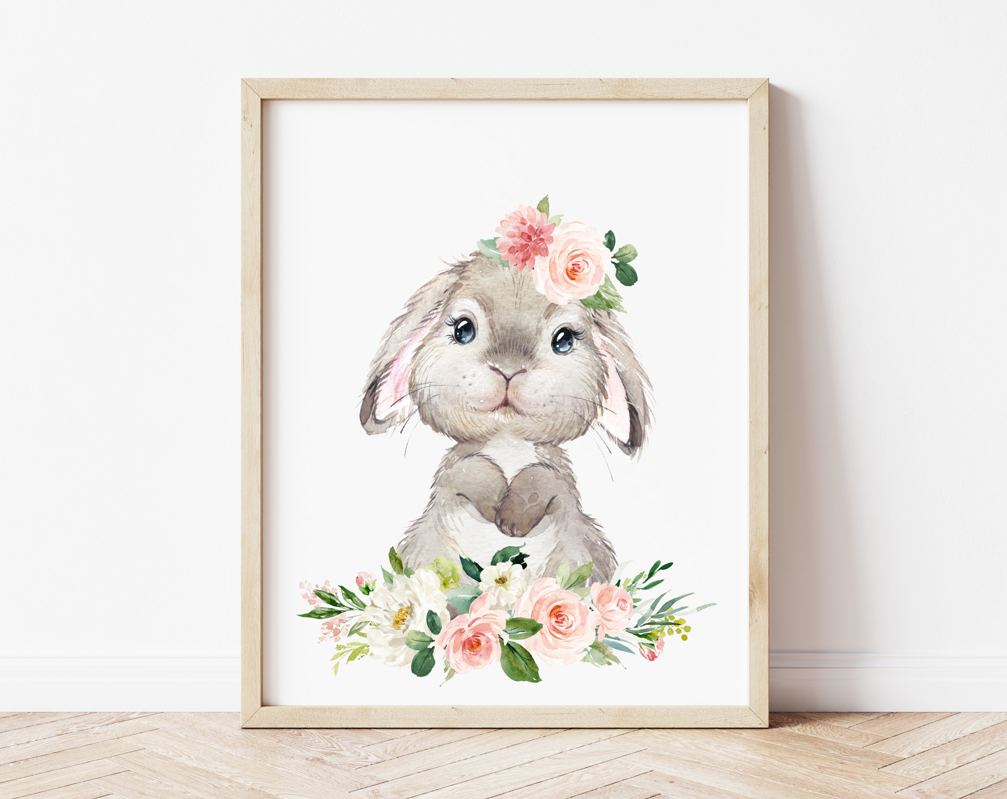 Little Bunny Pink Flowers Nursery Prints, Nursery Wall Art, Girl Nursery Decor, Printable File, SH05