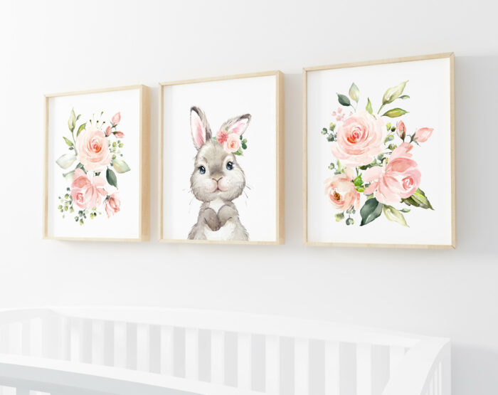 Cute Bunny Pink Flowers Nursery Prints - Set of 3 - Nursery Art