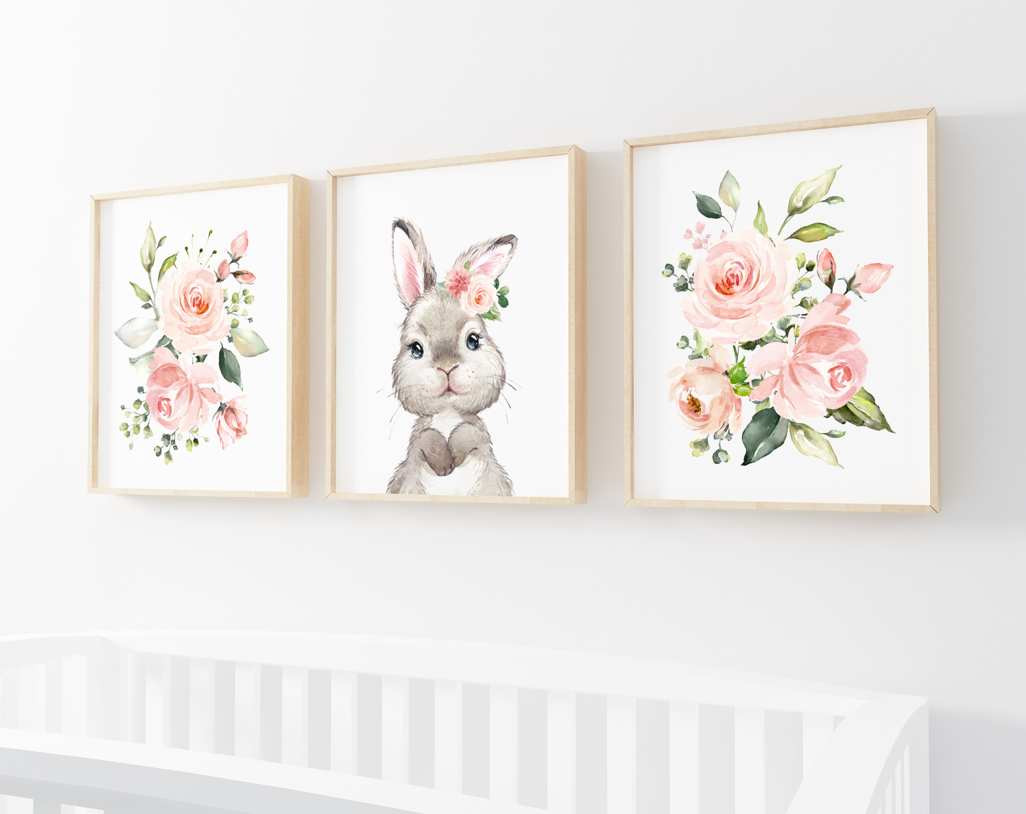 Cute Bunny Pink Flowers Nursery Prints, Nursery Wall Art, Girl Nursery Decor, Printable File, SH05