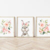 Cute Bunny Pink Flowers Nursery Prints, Nursery Wall Art, Girl Nursery Decor, Printable File, SH05