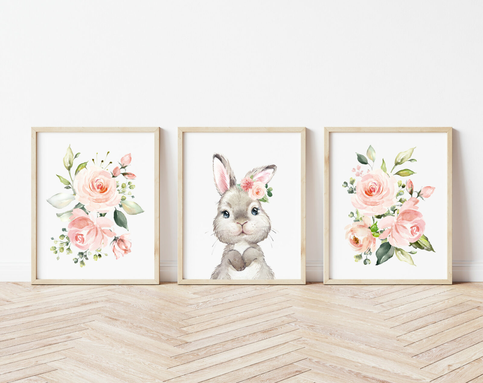 Cute Bunny Pink Flowers Nursery Prints - Set of 3 - Nursery Art
