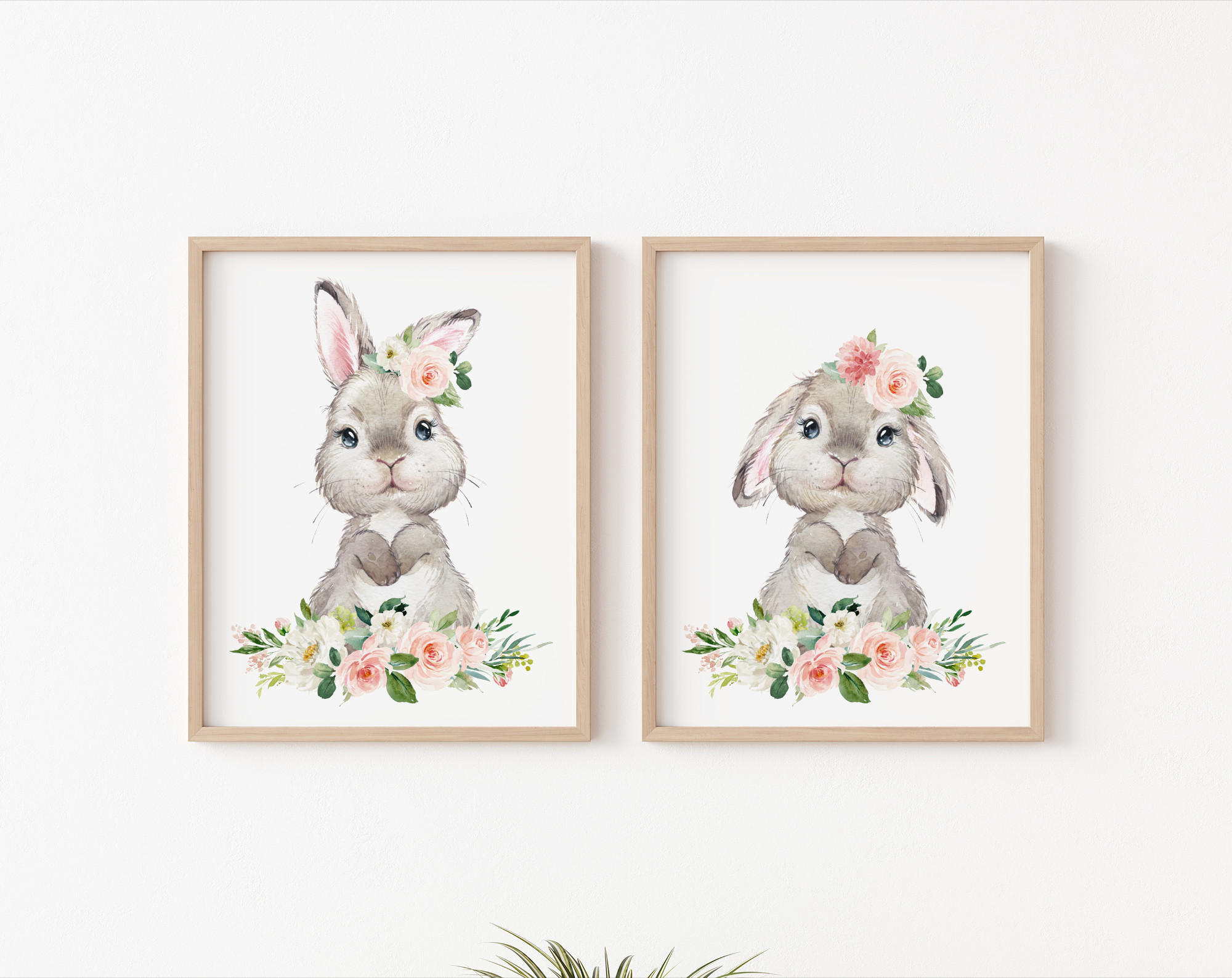 Little Bunny Pink Flowers Nursery Prints, Nursery Wall Art, Girl Nursery Decor, Printable File, SH05