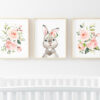 Cute Bunny Pink Flowers Nursery Prints, Nursery Wall Art, Girl Nursery Decor, Printable File, SH05