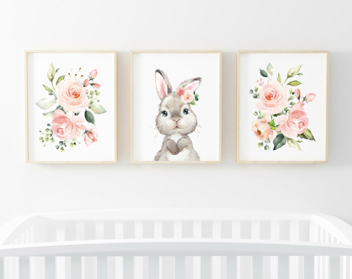Cute Bunny Pink Flowers Nursery Prints - Set of 3 - Nursery Art