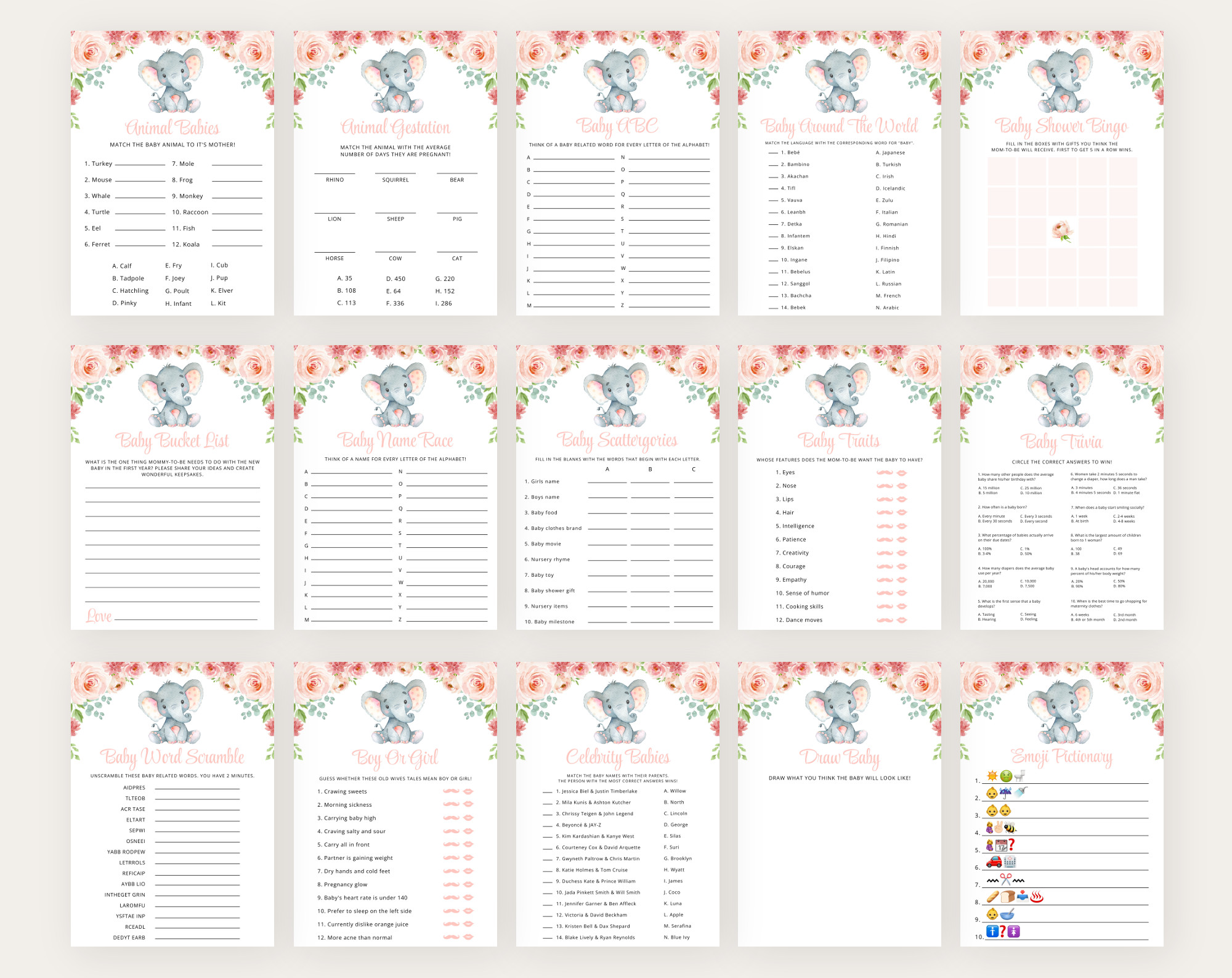 Little Elephant Baby Shower Games Bundle, Set of 35 Games, Girl Baby Shower, Printable File, Edit Yourself, SH07