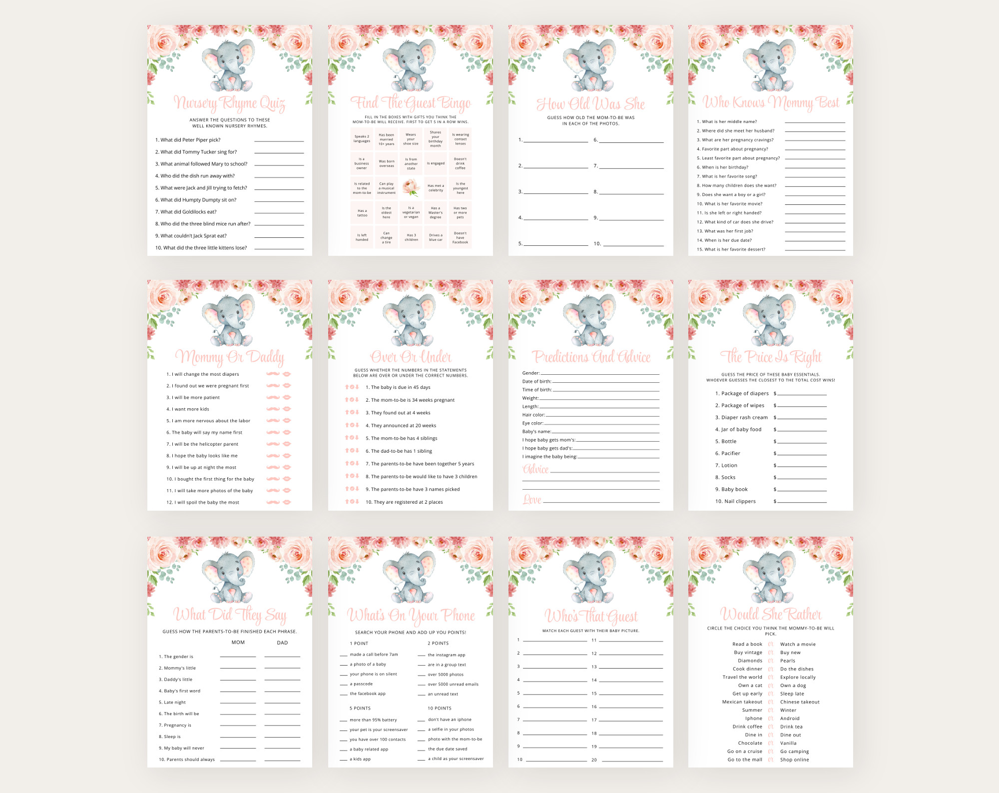 Little Elephant Baby Shower Games Bundle, Set of 35 Games, Girl Baby Shower, Printable File, Edit Yourself, SH07