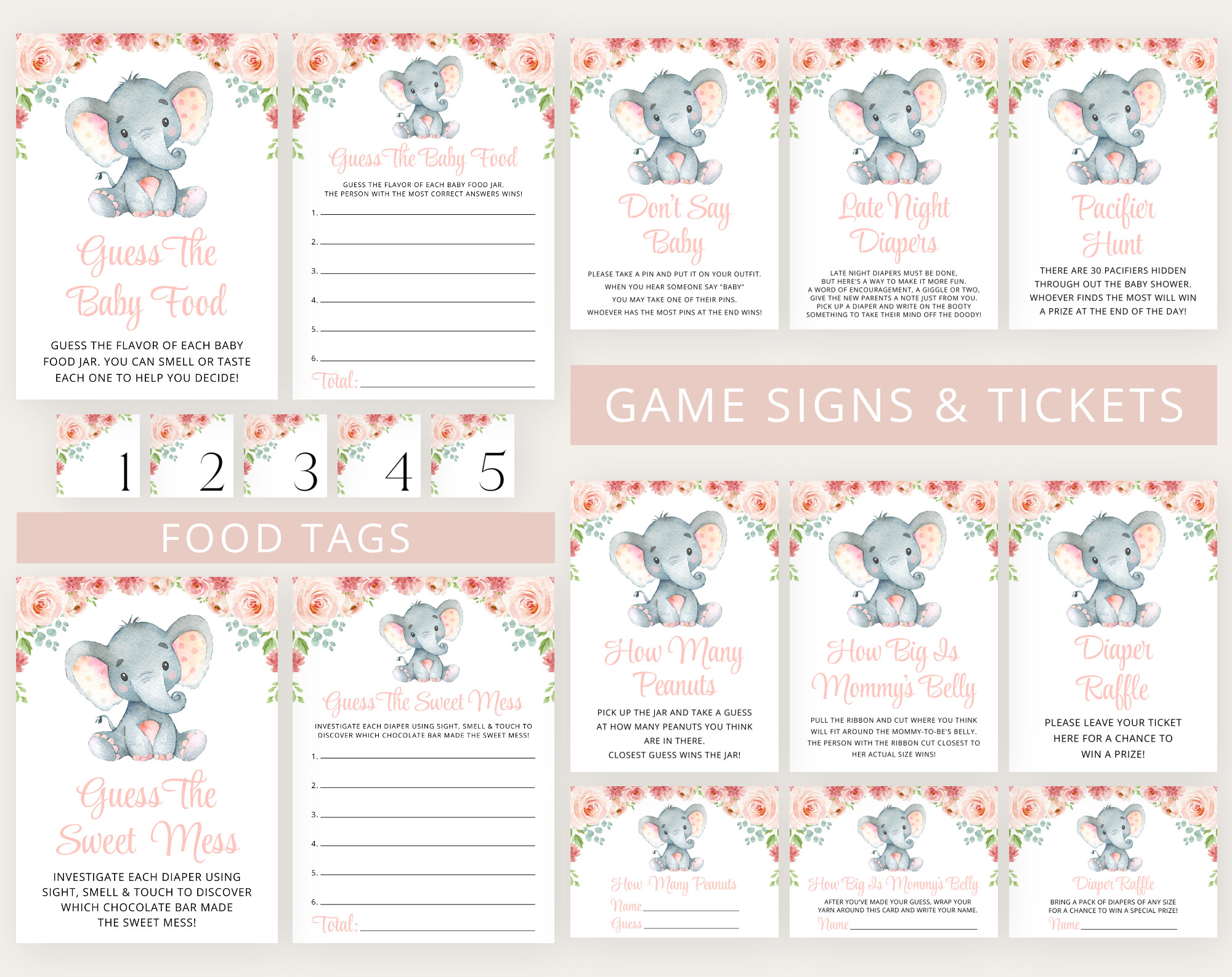 Little Elephant Baby Shower Games Bundle, Set of 35 Games, Girl Baby Shower, Printable File, Edit Yourself, SH07