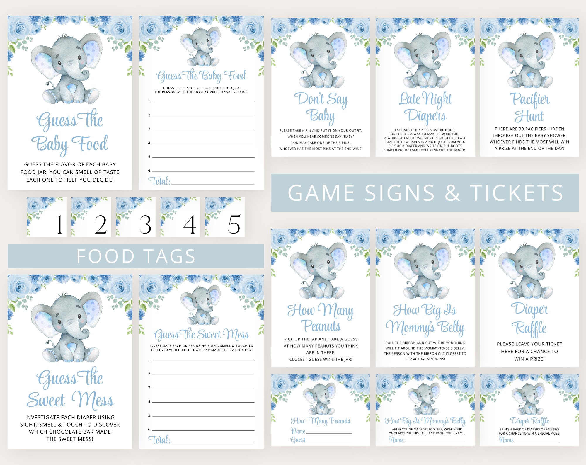 Baby Elephant Baby Shower Games Bundle, Set of 35 Games, Boy Baby Shower, Printable File, Edit Yourself, SH08