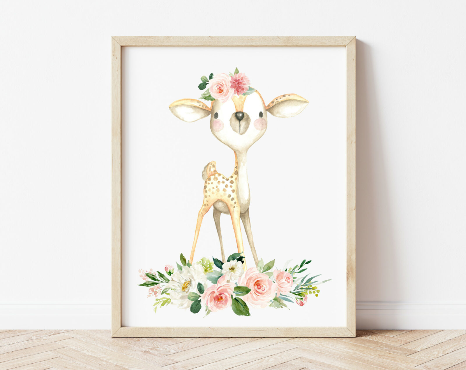 Pink Flowers Baby Woodland Animals Nursery Prints - Set of 3
