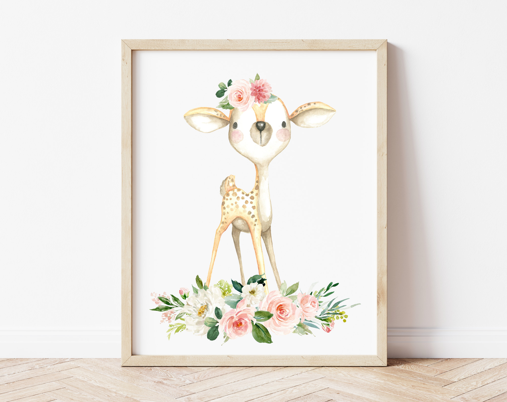 Pink Flowers Baby Woodland Animals Nursery Prints, Nursery Wall Art, Girl Nursery Decor, Printable File, SH09