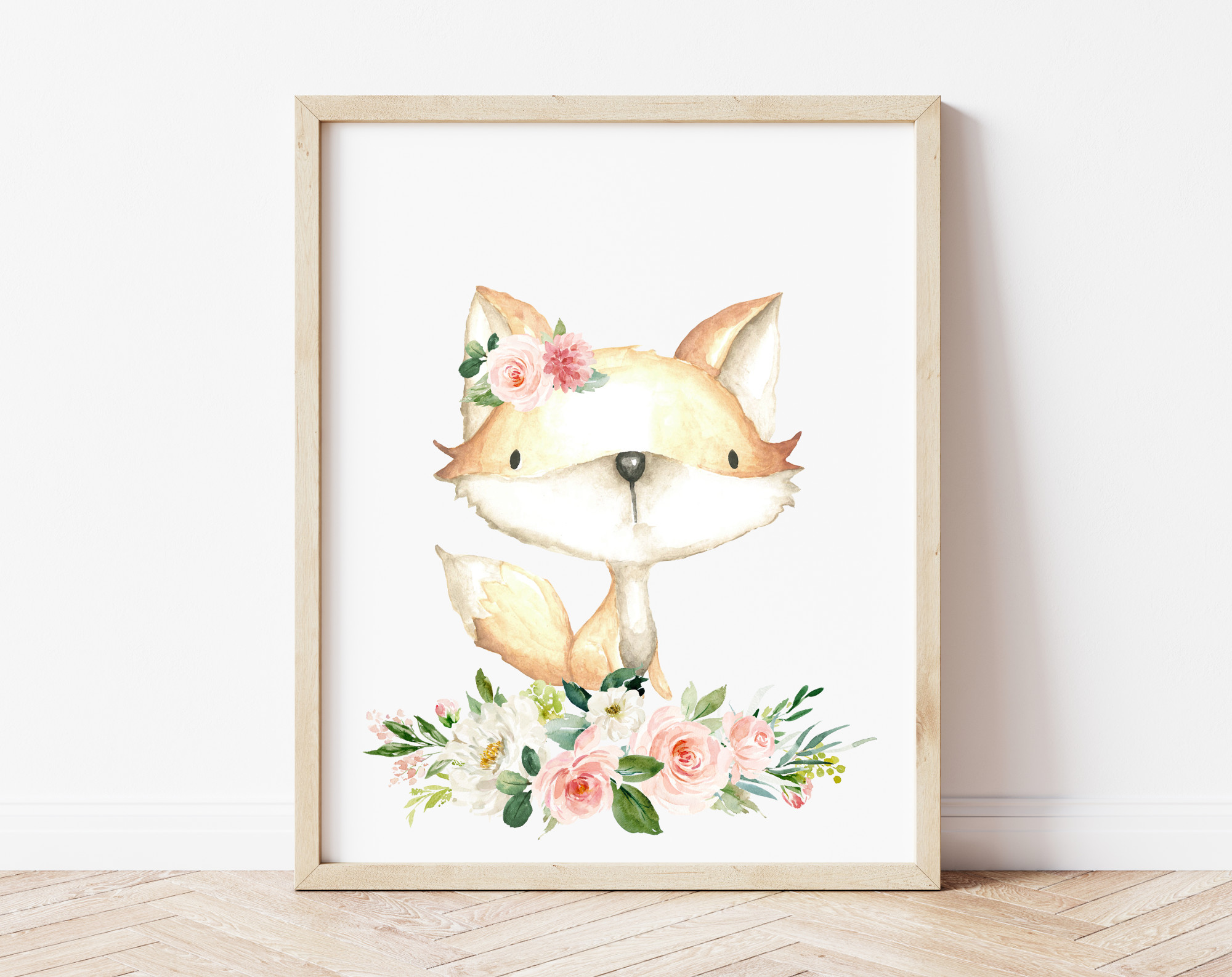 Pink Flowers Baby Woodland Animals Nursery Prints, Nursery Wall Art, Girl Nursery Decor, Printable File, SH09