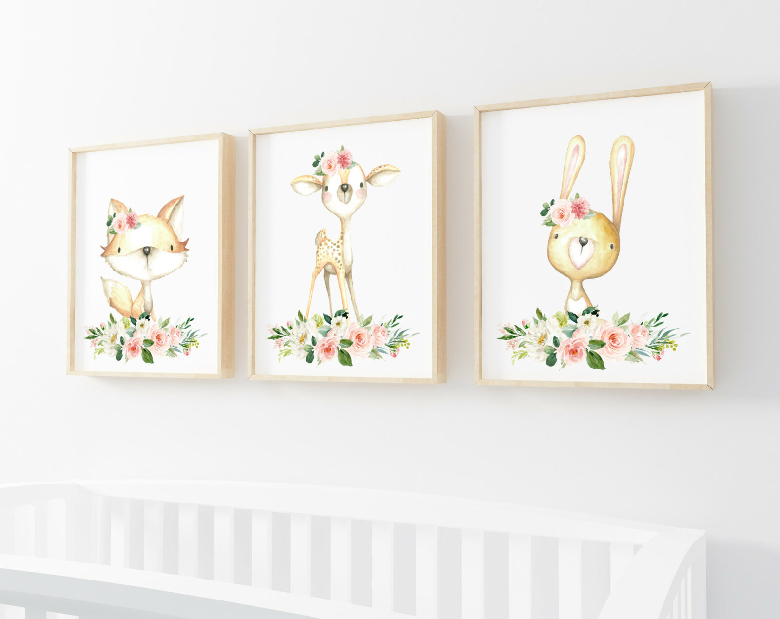 Pink Flowers Baby Woodland Animals Nursery Prints - Set of 3