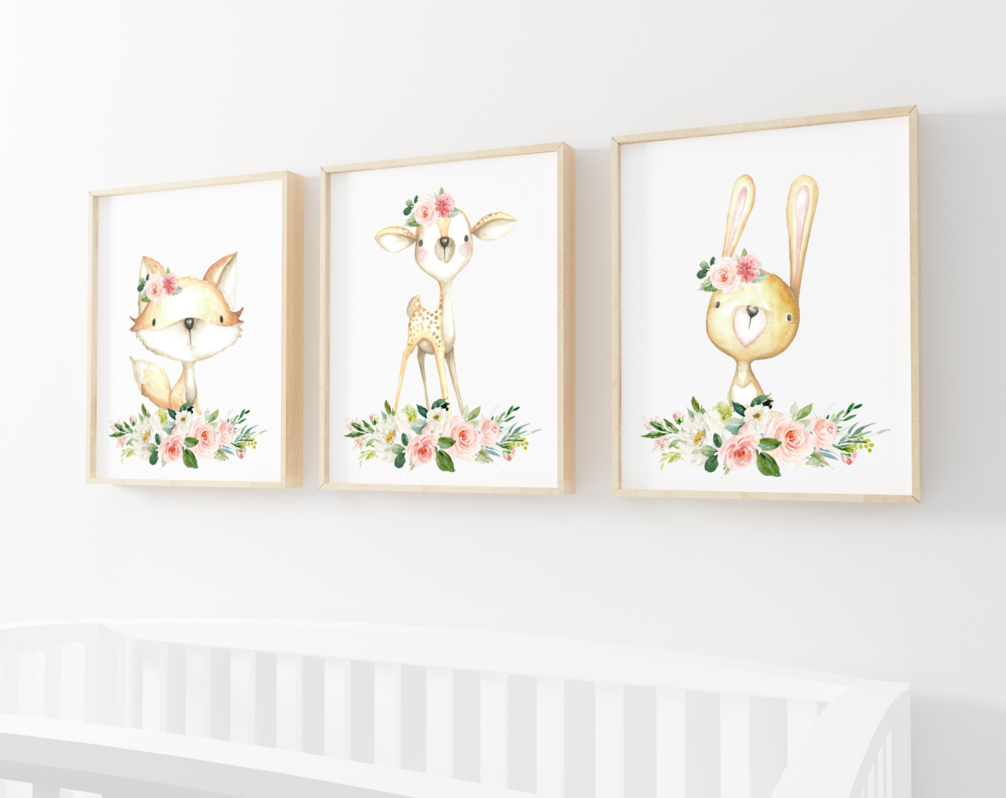 Pink Flowers Baby Woodland Animals Nursery Prints, Nursery Wall Art, Girl Nursery Decor, Printable File, SH09