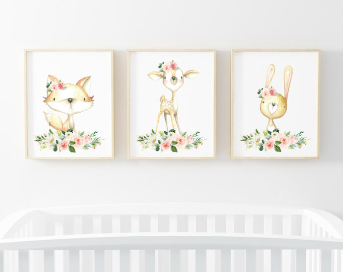 Pink Flowers Baby Woodland Animals Nursery Prints - Set of 3