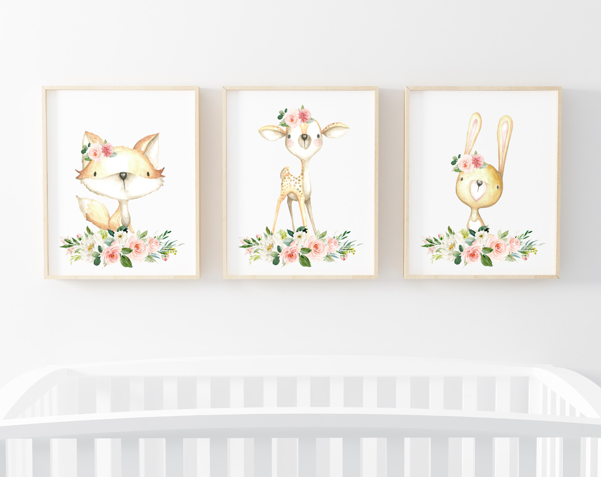Pink Flowers Baby Woodland Animals Nursery Prints, Nursery Wall Art, Girl Nursery Decor, Printable File, SH09