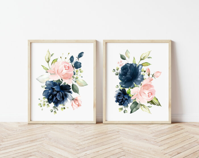 Navy and Blush Flowers Nursery Prints - Set of 2 - Nursery Wall Art