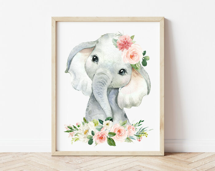 Pink Flowers Jungle Animals Nursery Prints - Set of 4 - Nursery Art