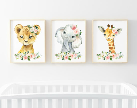 Pink Flowers Jungle Animals Nursery Prints - Set of 3 - Nursery Art