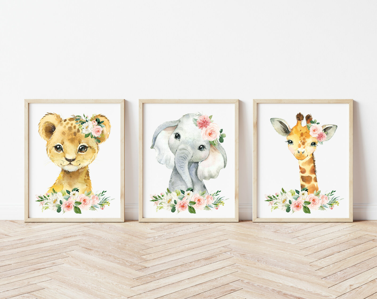 Pink Flowers Jungle Animals Nursery Prints - Set of 3 - Nursery Art