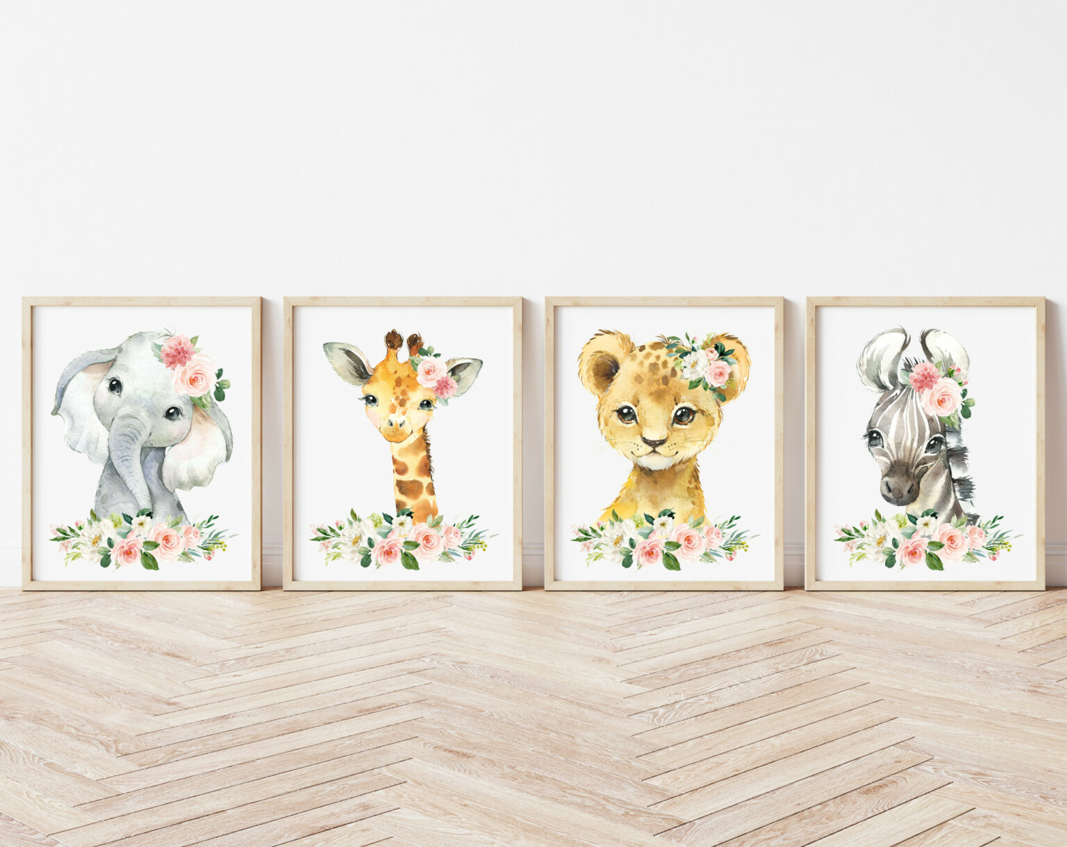 Pink Flowers Jungle Animals Nursery Prints - Set of 4 - Nursery Art