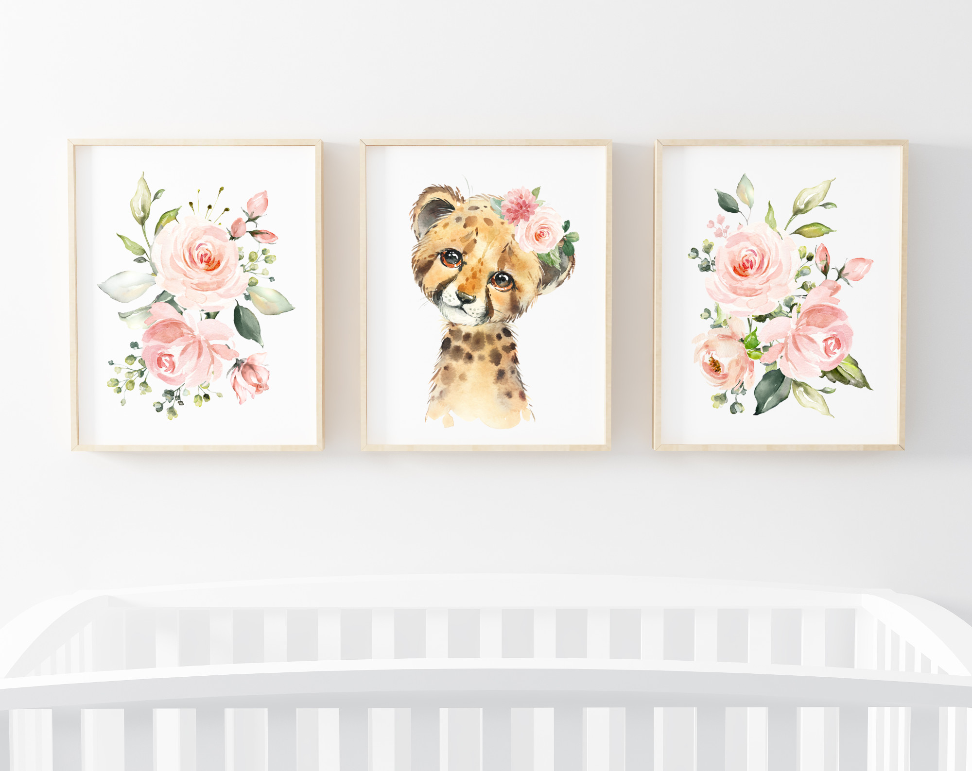 Pink Flowers Cheetah Nursery Prints, Jungle Animals, Nursery Wall Art, Girl Nursery Decor, Printable File, SH11