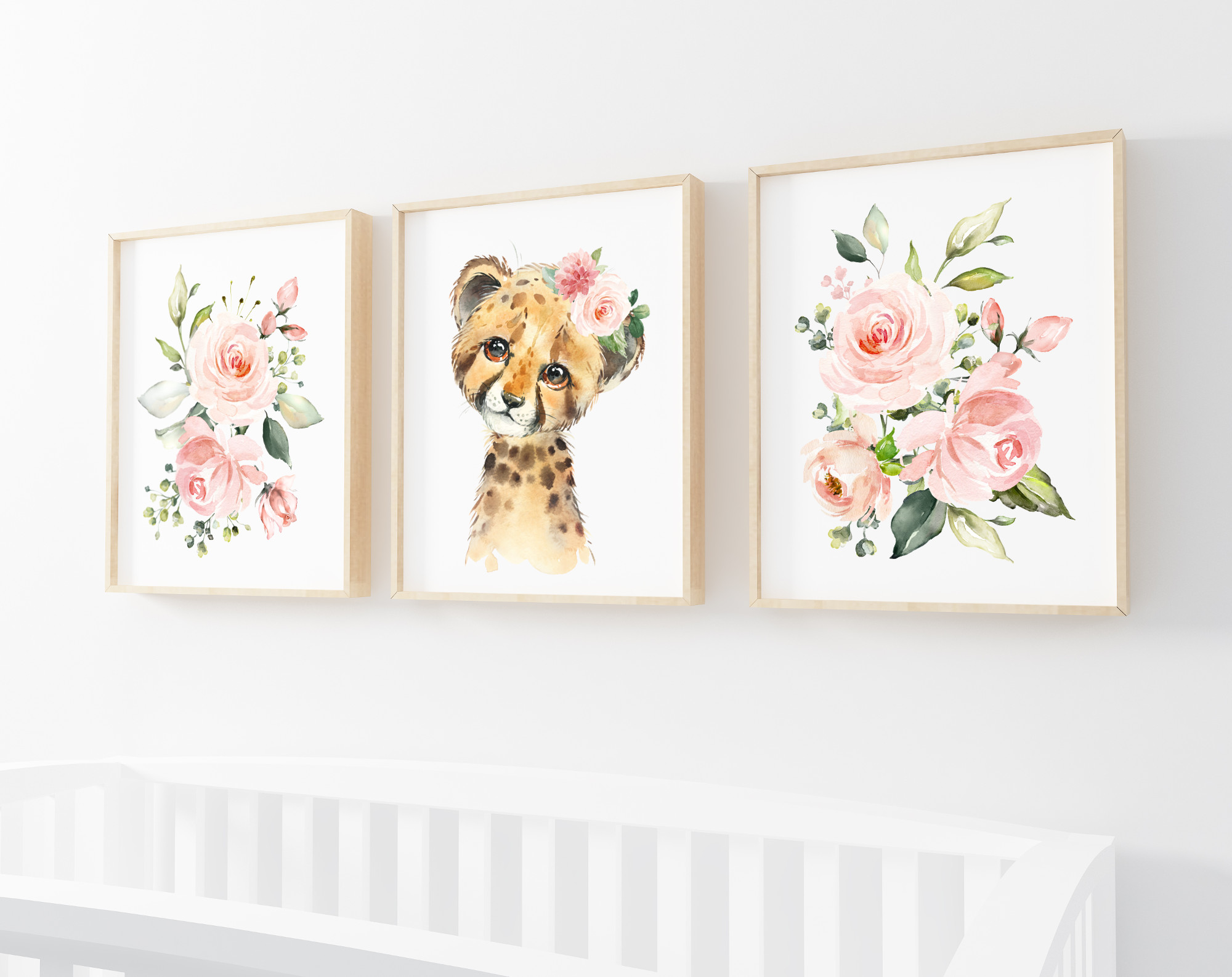 Pink Flowers Cheetah Nursery Prints, Jungle Animals, Nursery Wall Art, Girl Nursery Decor, Printable File, SH11