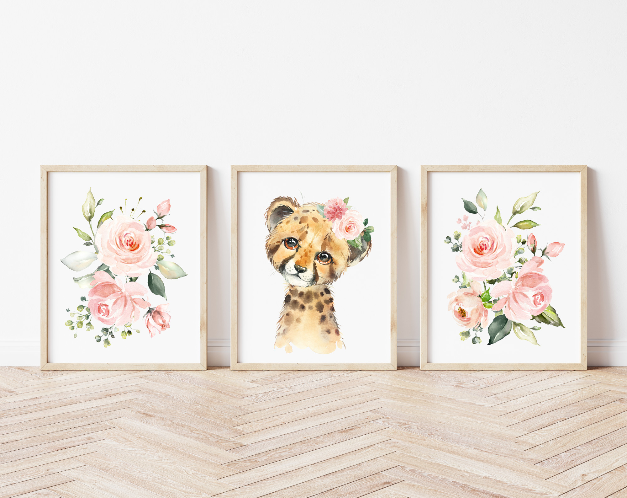 Pink Flowers Cheetah Nursery Prints, Jungle Animals, Nursery Wall Art, Girl Nursery Decor, Printable File, SH11