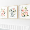 Pink Flowers Elephant Nursery Prints, Jungle Animals, Nursery Wall Art, Girl Nursery Decor, Printable File, SH11