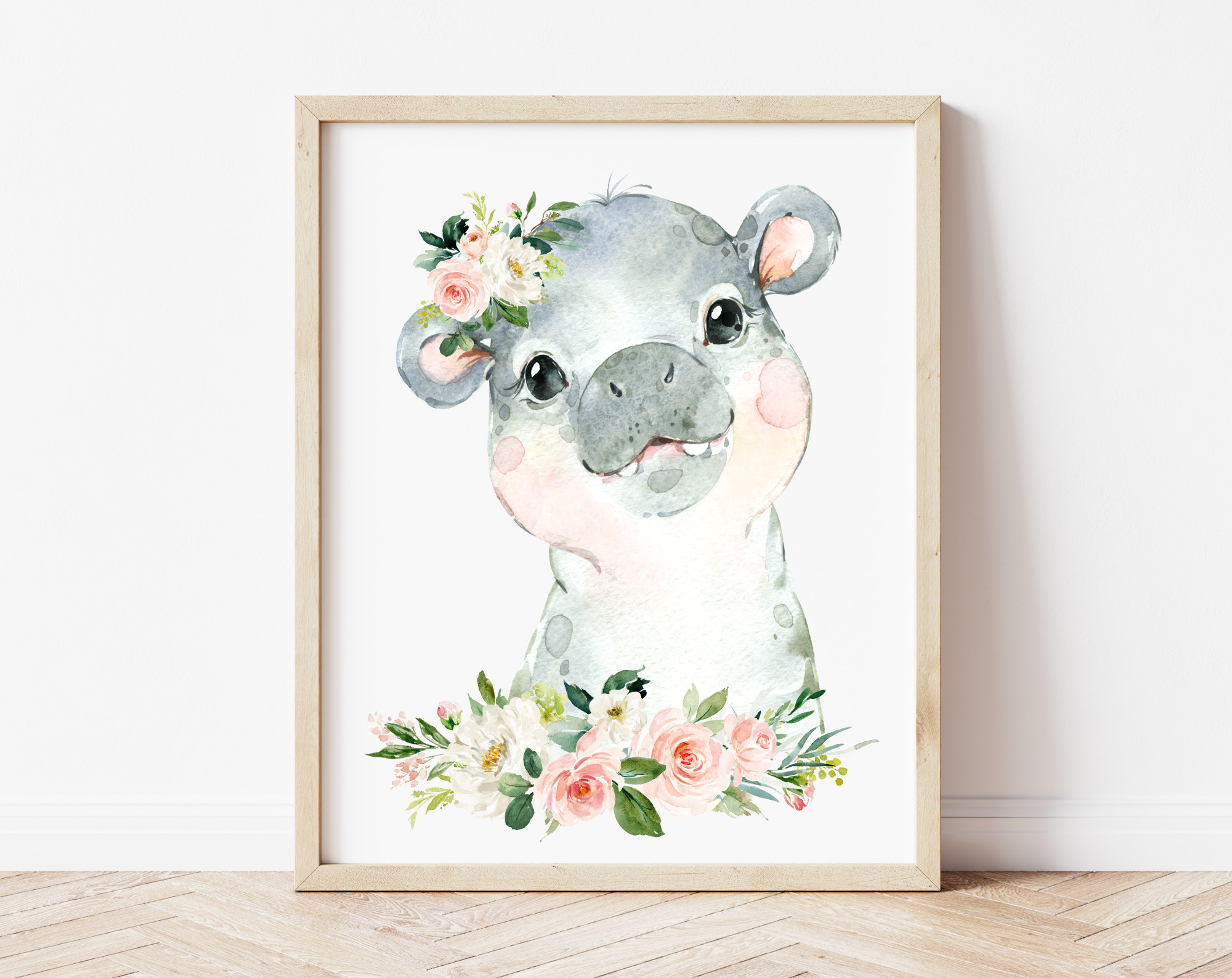 Pink Flowers Jungle Animals Nursery Prints, Nursery Wall Art, Girl Nursery Decor, Printable File, SH11