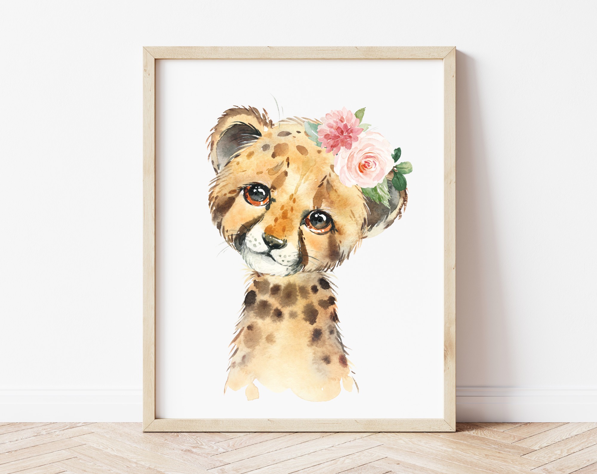 Pink Flowers Jungle Animals Nursery Prints, Nursery Wall Art, Girl Nursery Decor, Printable File, SH11